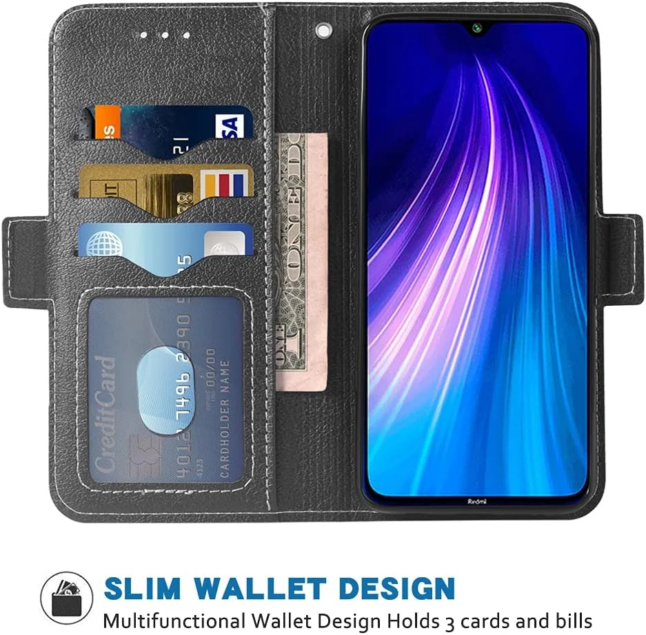 کیف پول چرمی سازگار با شیائومی ردمی نوت 8، دارای بند مچی، کاور تاشو، جای کارت، استند، لوازم جانبی تلفن همراه، مناسب برای زنان و مردان - مشکی