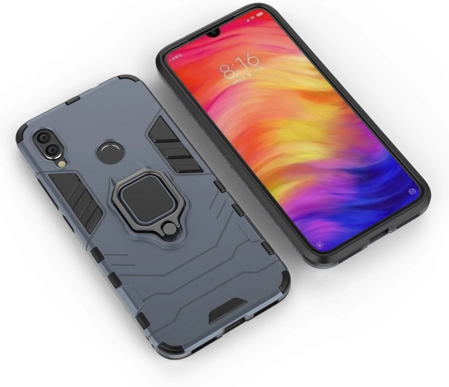 قاب محافظ گوشی شیائومی ردمی نوت 7 و ردمی نوت 7 پرو، با حلقه فلزی و پایه استند، ضد ضربه، بامپر سخت، دو لایه، پوشش مقاوم (آبی تیره)