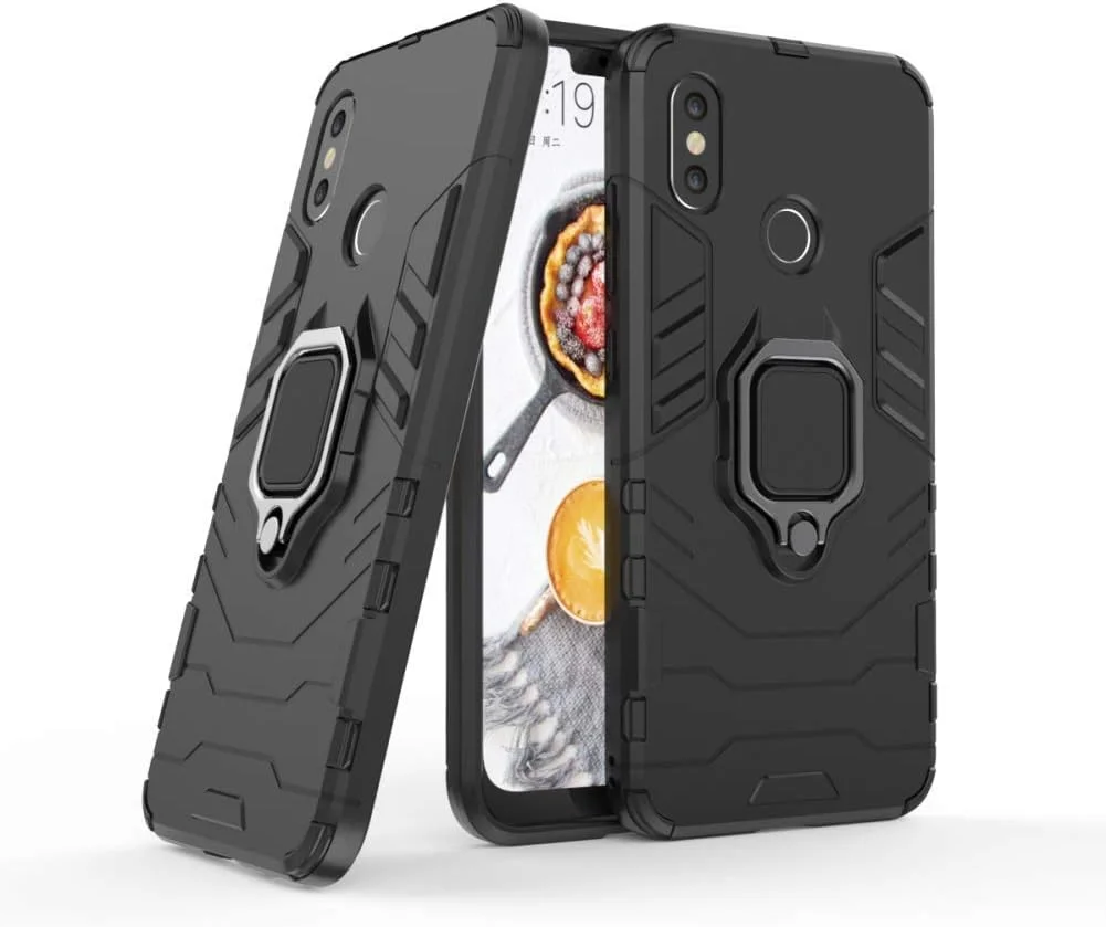 قاب محافظ سازگار با گوشی شیائومی می 8، دارای حلقه فلزی و پایه استند، ضد ضربه، بامپر سخت (سازگار با هولدر مغناطیسی خودرو)، دو لایه، پوشش مقاوم برای شیائومی می 8 (مشکی)