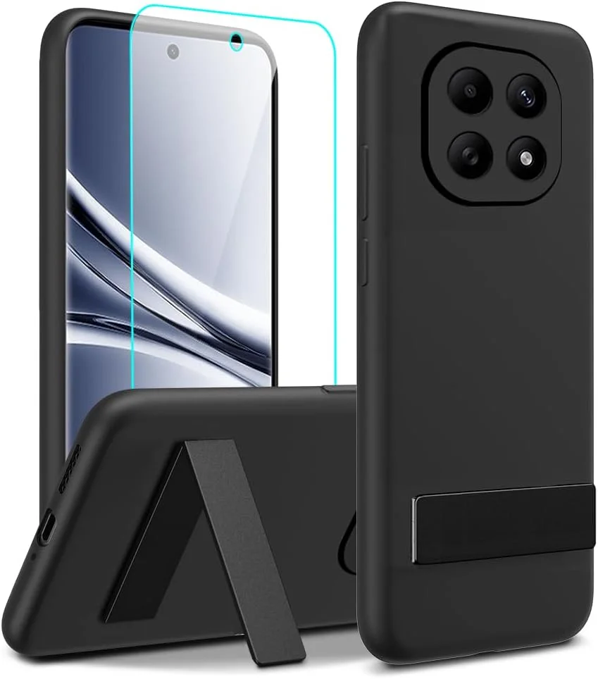 قاب محافظ گوشی شیائومی ردمی نوت 15 5G به همراه محافظ صفحه نمایش شیشه ای، دارای پایه فلزی با قابلیت تنظیم در 3 حالت، کاور محافظ سیلیکونی TPU ضد ضربه برای ردمی نوت 15 5G مدل 2025 - مشکی