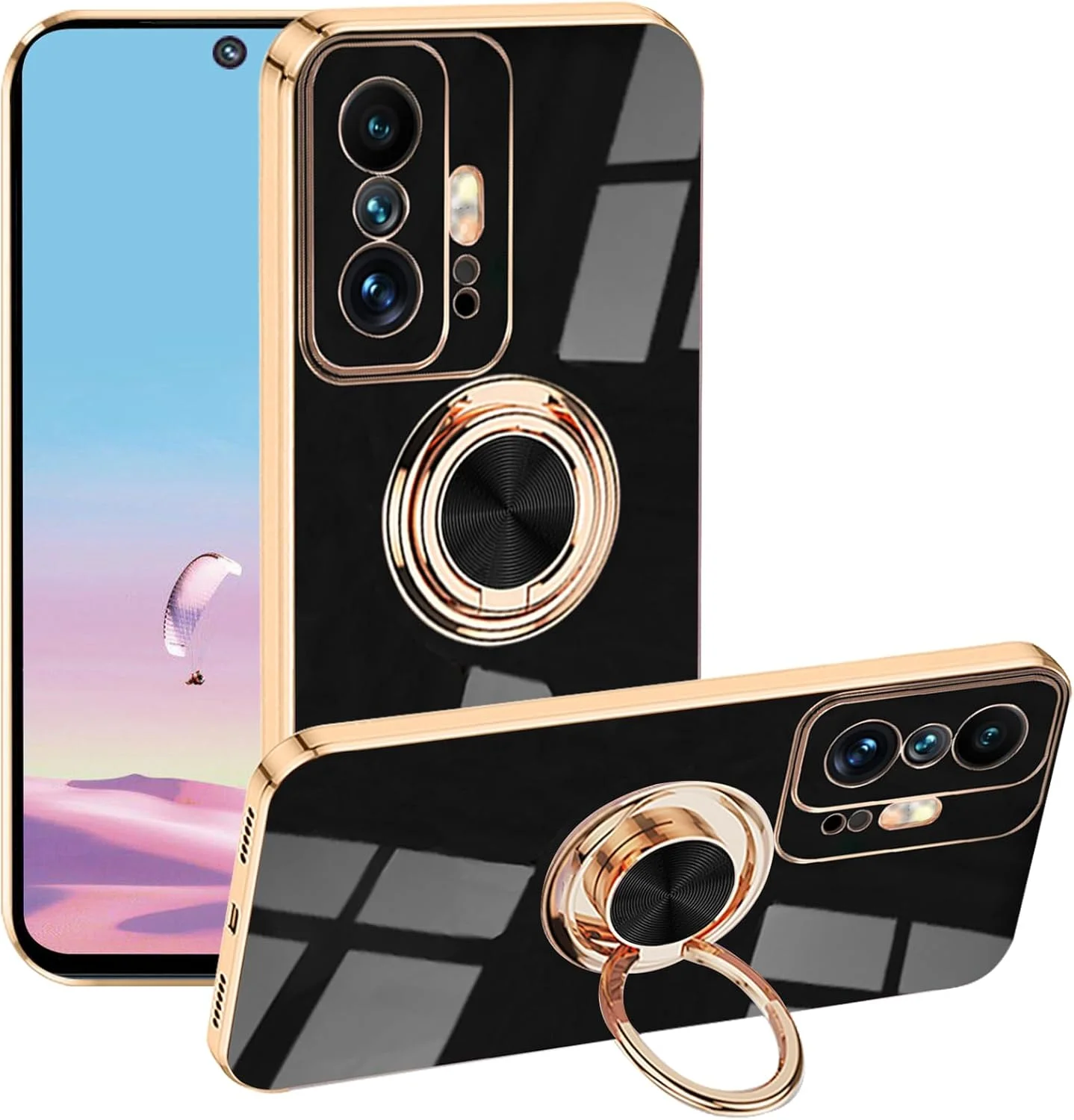 قاب سیلیکونی شیائومی 11T Pro با حلقه نگهدارنده و آهنربا، قاب گوشی شیائومی 11T Pro برای شیائومی 11T، کاور نازک سفید و پایه فلزی چرخان 360 درجه (مشکی)