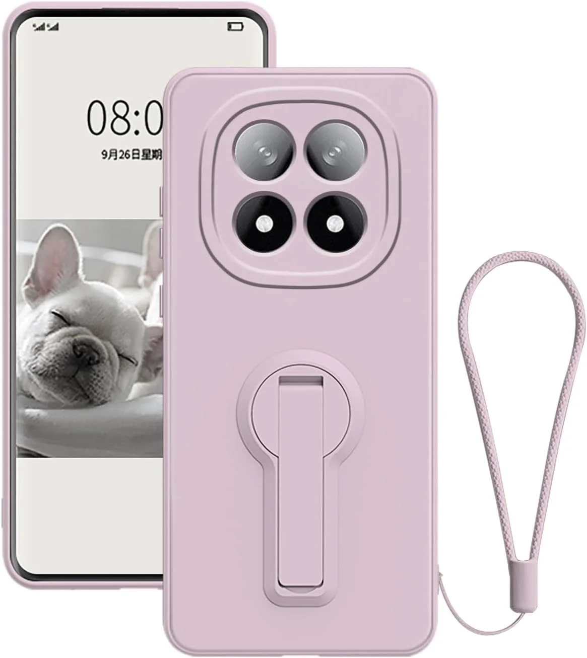 کاور سیلیکونی ضد ضربه به همراه بند مچی و محافظ کامل لنز دوربین سازگار با گوشی شیائومی ردمی نوت 14 پرو پلاس 5G به همراه استند (بنفش روشن)