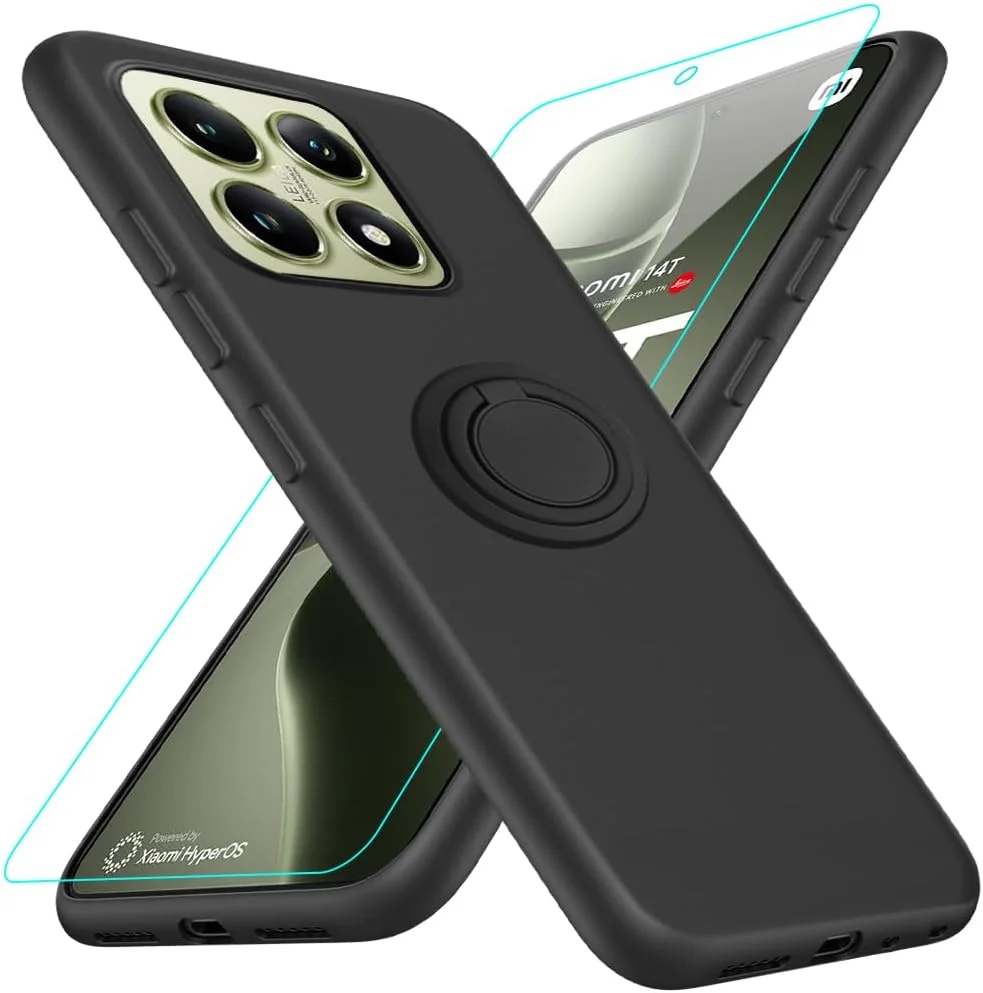 کاور محافظ گوشی شیائومی ردمی 14T به همراه محافظ صفحه نمایش شیشه ای، دارای حلقه نگهدارنده چرخان 360 درجه و استند، ساخته شده از سیلیکون TPU ضد ضربه - مشکی
