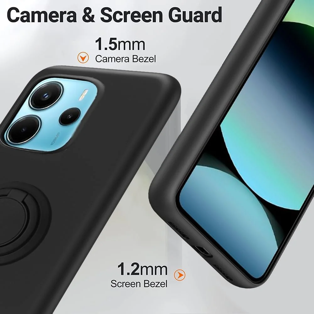 قاب محافظ گوشی شیائومی ردمی نوت 14 4G (غیر 5G) به همراه محافظ صفحه نمایش شیشه ای، دارای حلقه نگهدارنده چرخان 360 درجه و استند، کاور محافظ سیلیکونی TPU برای ردمی نوت 14 4G مدل 2025 - مشکی