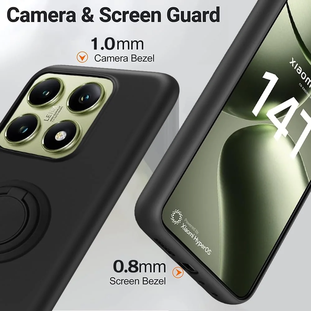 کاور محافظ گوشی شیائومی ردمی 14T به همراه محافظ صفحه نمایش شیشه ای، دارای حلقه نگهدارنده چرخان 360 درجه و استند، ساخته شده از سیلیکون TPU ضد ضربه - مشکی