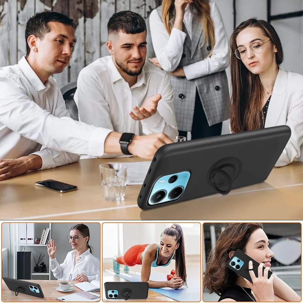 قاب محافظ گوشی شیائومی ردمی نوت 14 4G (غیر 5G) به همراه محافظ صفحه نمایش شیشه ای، دارای حلقه نگهدارنده چرخان 360 درجه و استند، کاور محافظ سیلیکونی TPU برای ردمی نوت 14 4G مدل 2025 - مشکی