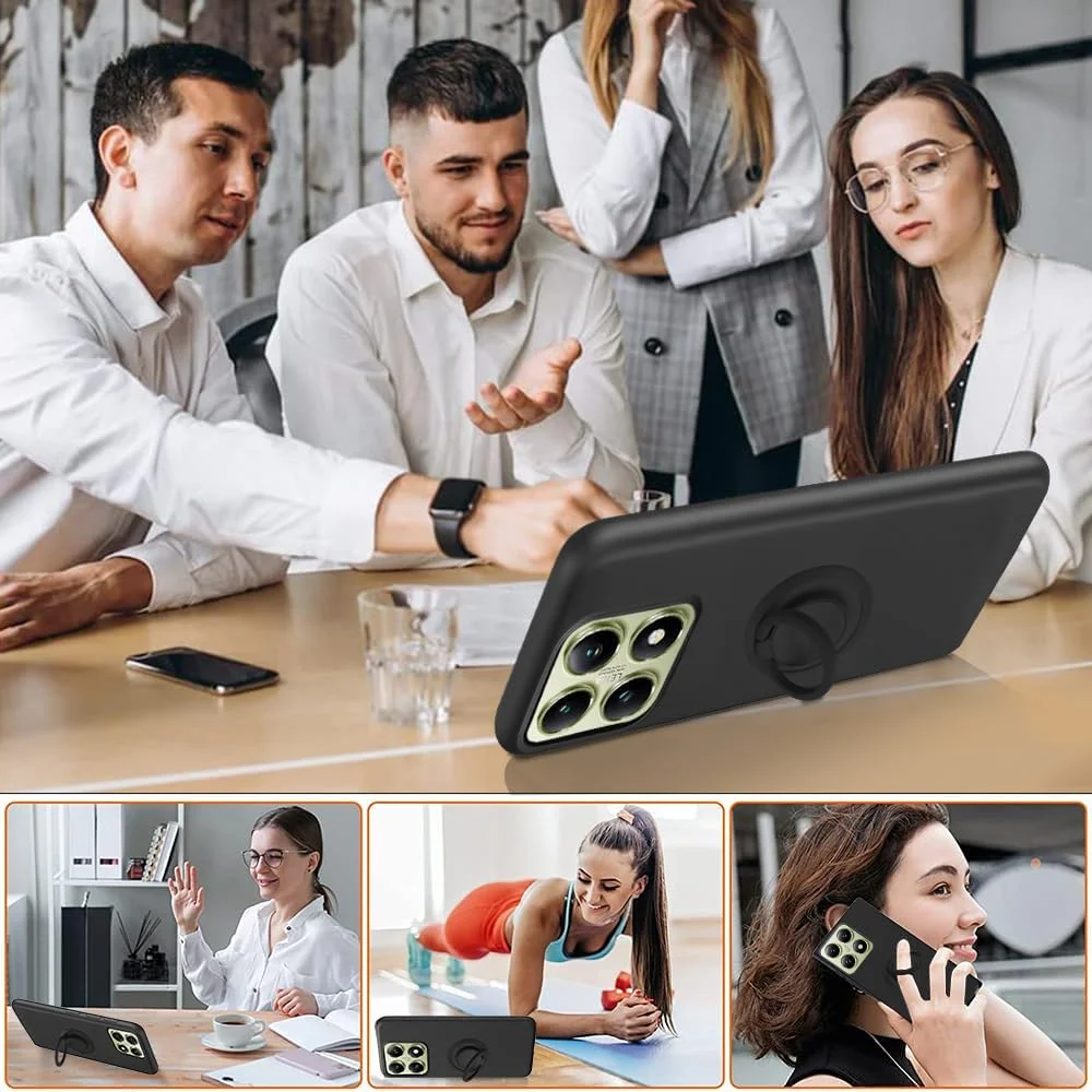 کاور محافظ گوشی شیائومی ردمی 14T به همراه محافظ صفحه نمایش شیشه ای، دارای حلقه نگهدارنده چرخان 360 درجه و استند، ساخته شده از سیلیکون TPU ضد ضربه - مشکی