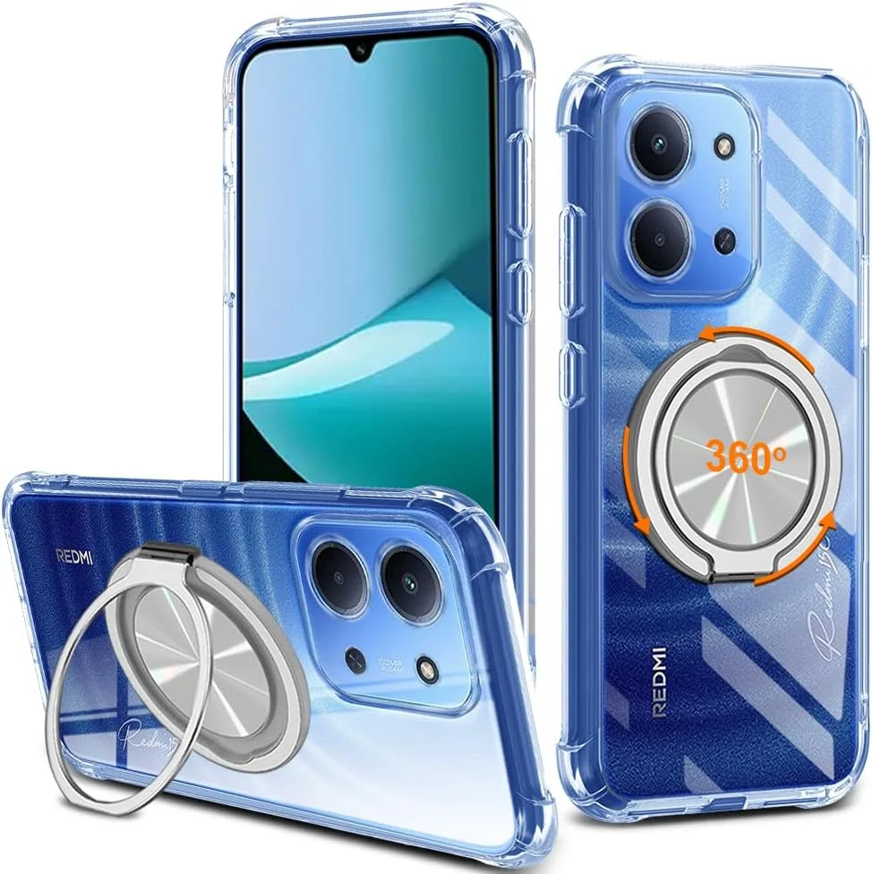 قاب محافظ شفاف و ضد ضربه سازگار با گوشی شیائومی ردمی 15C / پوکو C85، دارای حلقه نگهدارنده چرخان 360 درجه و پایه استند، مقاوم در برابر زرد شدن، با 4 ایربگ در گوشه‌ها برای محافظت از ردمی 15C 4G/5G - شفاف