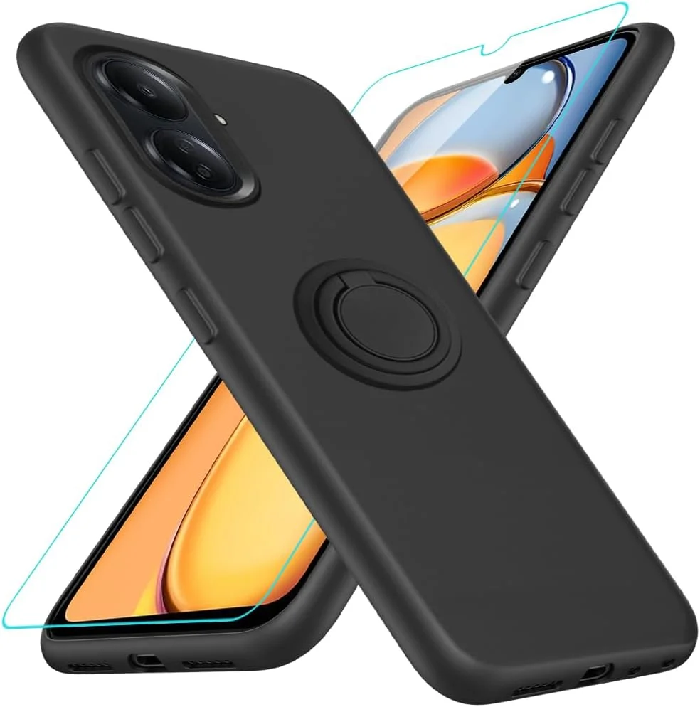 قاب محافظ گوشی شیائومی ردمی 13C 4G (غیر 5G) به همراه محافظ صفحه نمایش شیشه ای، دارای حلقه نگهدارنده چرخان 360 درجه و استند، ساخته شده از سیلیکون TPU - مشکی