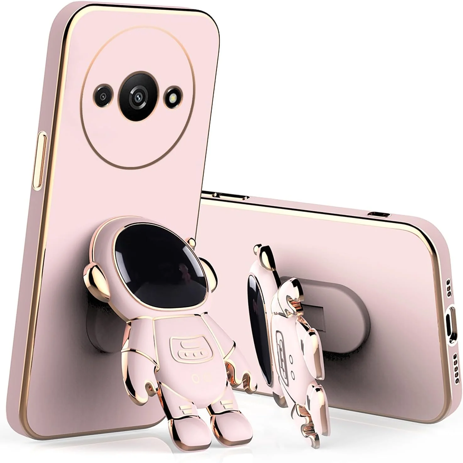 قاب محافظ گوشی ردمی A3، طرح فضانورد خلاقانه، رنگ صورتی، ساخته شده از سیلیکون نرم و مقاوم در برابر ضربه، دارای استند