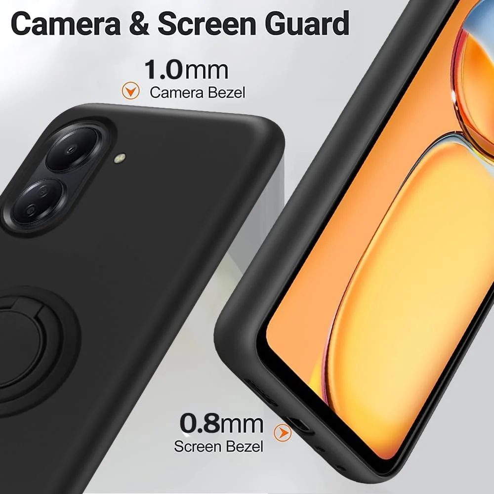 قاب محافظ گوشی شیائومی ردمی 13C 4G (غیر 5G) به همراه محافظ صفحه نمایش شیشه ای، دارای حلقه نگهدارنده چرخان 360 درجه و استند، ساخته شده از سیلیکون TPU - مشکی