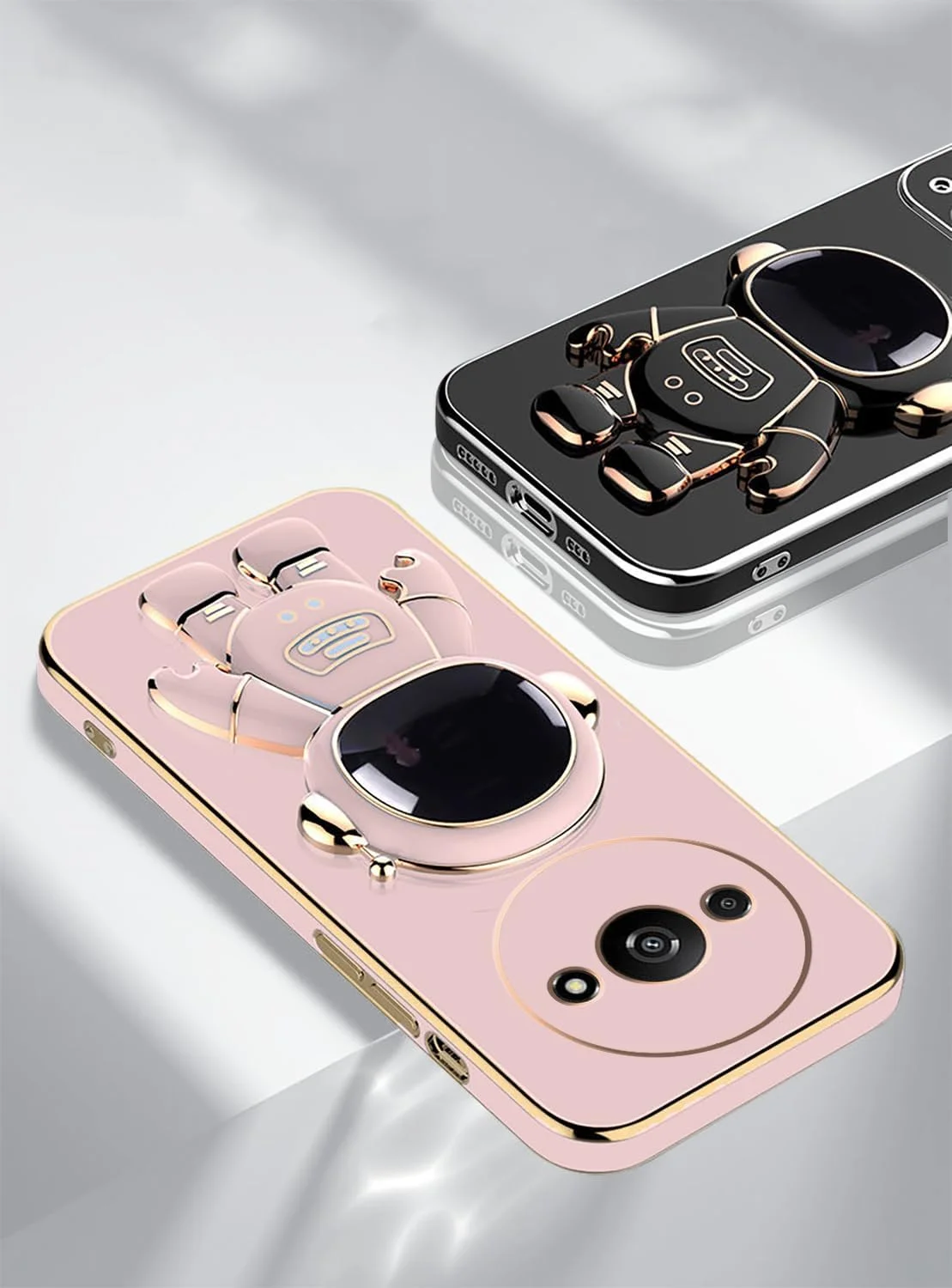 قاب محافظ گوشی ردمی A3، طرح فضانورد خلاقانه، رنگ صورتی، ساخته شده از سیلیکون نرم و مقاوم در برابر ضربه، دارای استند