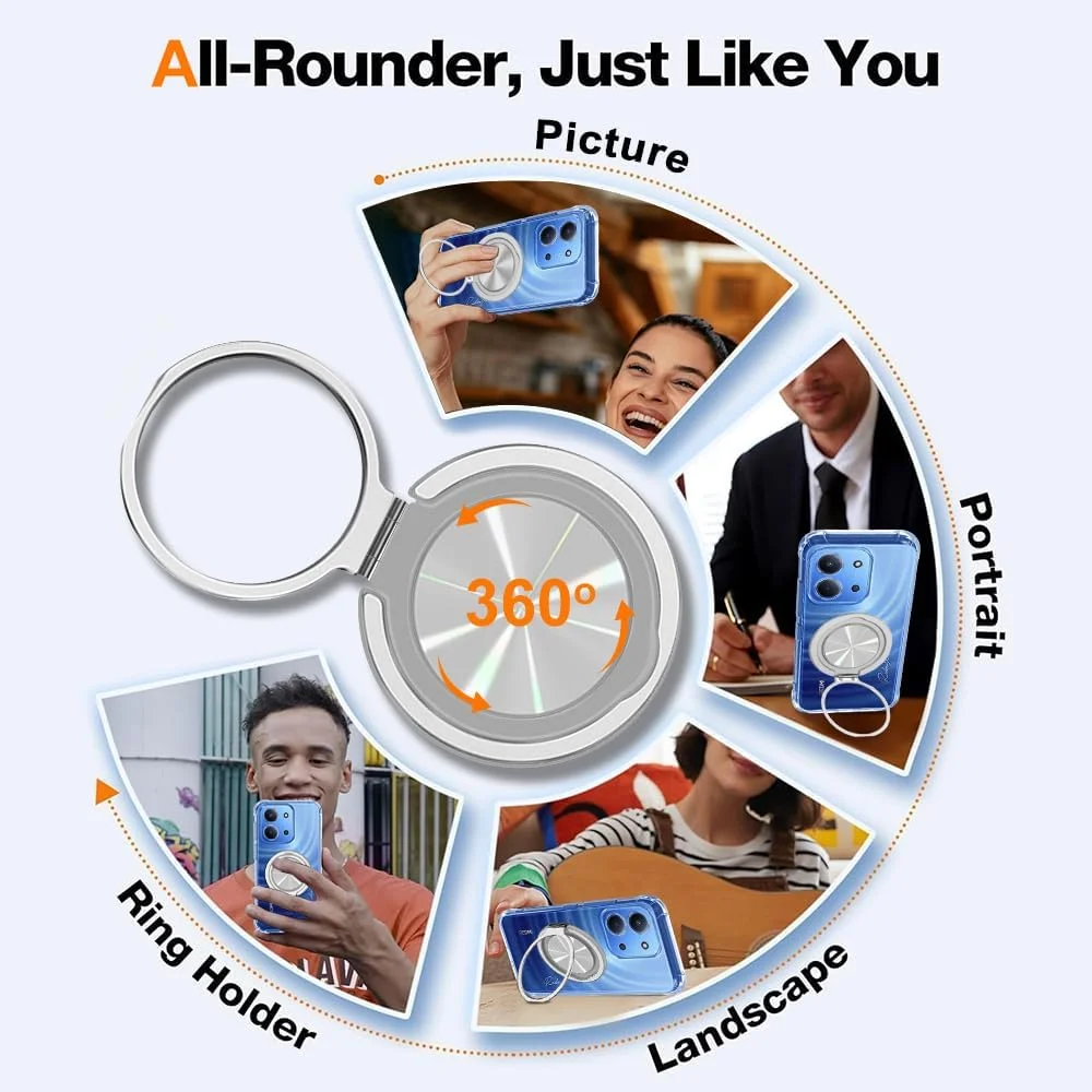 قاب محافظ شفاف و ضد ضربه سازگار با گوشی شیائومی ردمی 15C / پوکو C85، دارای حلقه نگهدارنده چرخان 360 درجه و پایه استند، مقاوم در برابر زرد شدن، با 4 ایربگ در گوشه‌ها برای محافظت از ردمی 15C 4G/5G - شفاف