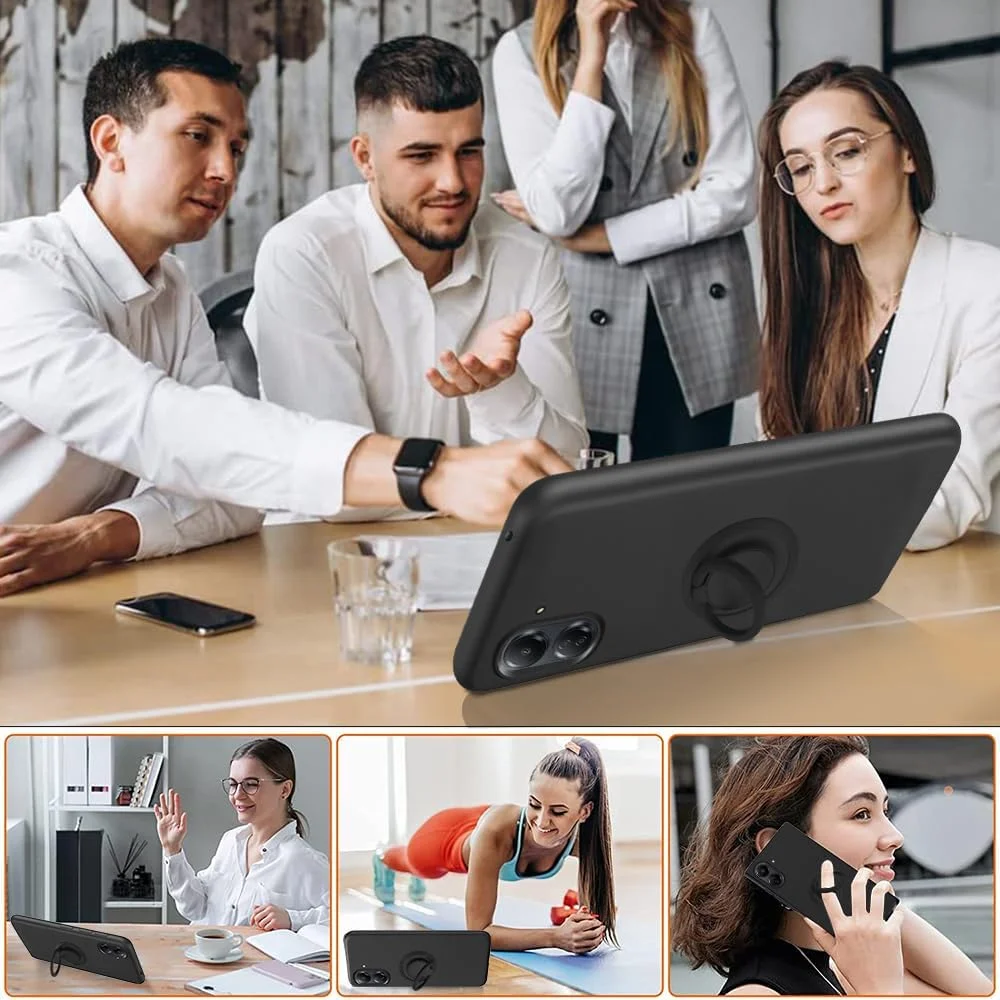 قاب محافظ گوشی شیائومی ردمی 13C 4G (غیر 5G) به همراه محافظ صفحه نمایش شیشه ای، دارای حلقه نگهدارنده چرخان 360 درجه و استند، ساخته شده از سیلیکون TPU - مشکی