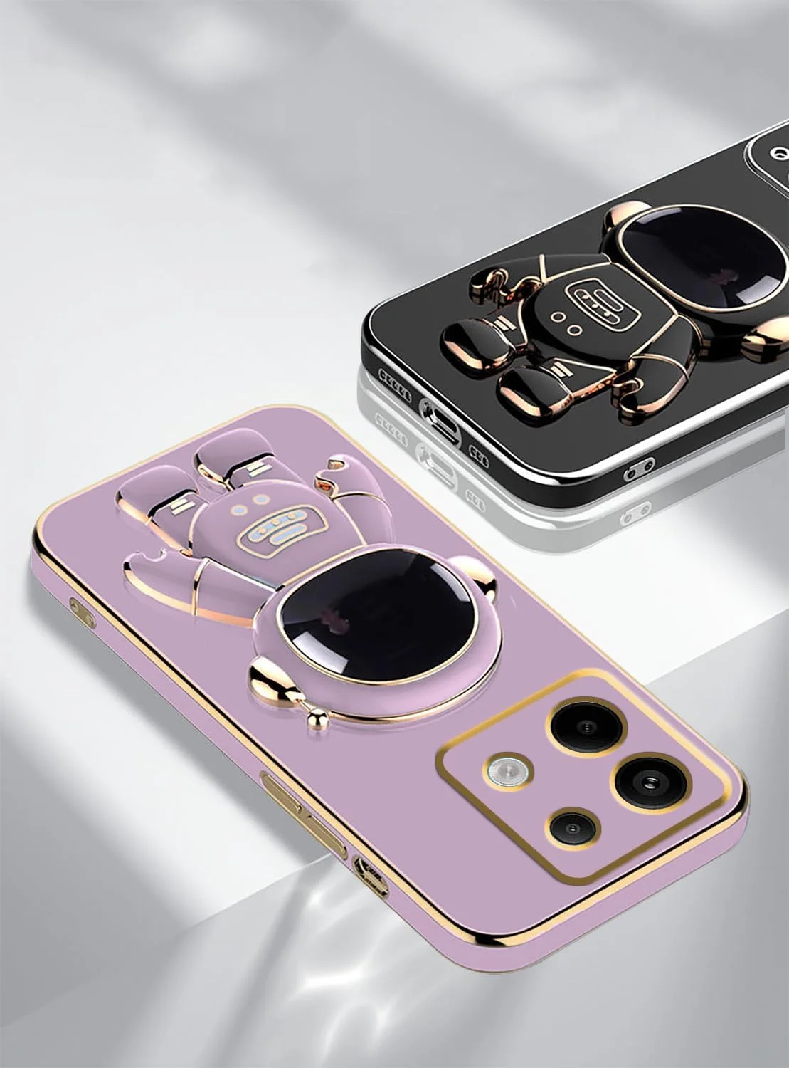 قاب محافظ گوشی شیائومی پوکو M6 پرو 4G، طرح فضانورد خلاقانه با روکش صورتی، سیلیکونی، ضد ضربه، پایه دار، TPU نرم و محافظ باریک (بنفش)