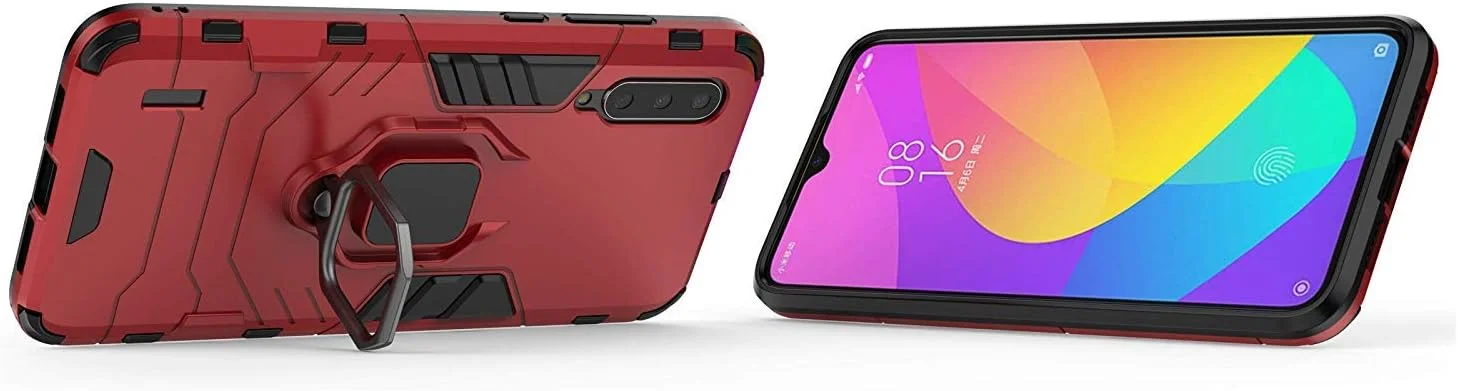 قاب محافظ سازگار با گوشی های شیائومی Mi A3 Lite، Mi 9 Lite، Mi CC9، دارای حلقه فلزی و پایه نگهدارنده، ضد ضربه، بامپر سخت، دو لایه، پوشش مقاوم (قرمز)