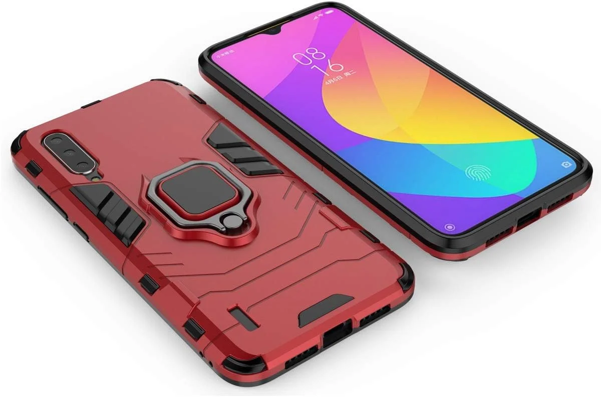 قاب محافظ سازگار با گوشی های شیائومی Mi A3 Lite، Mi 9 Lite، Mi CC9، دارای حلقه فلزی و پایه نگهدارنده، ضد ضربه، بامپر سخت، دو لایه، پوشش مقاوم (قرمز)