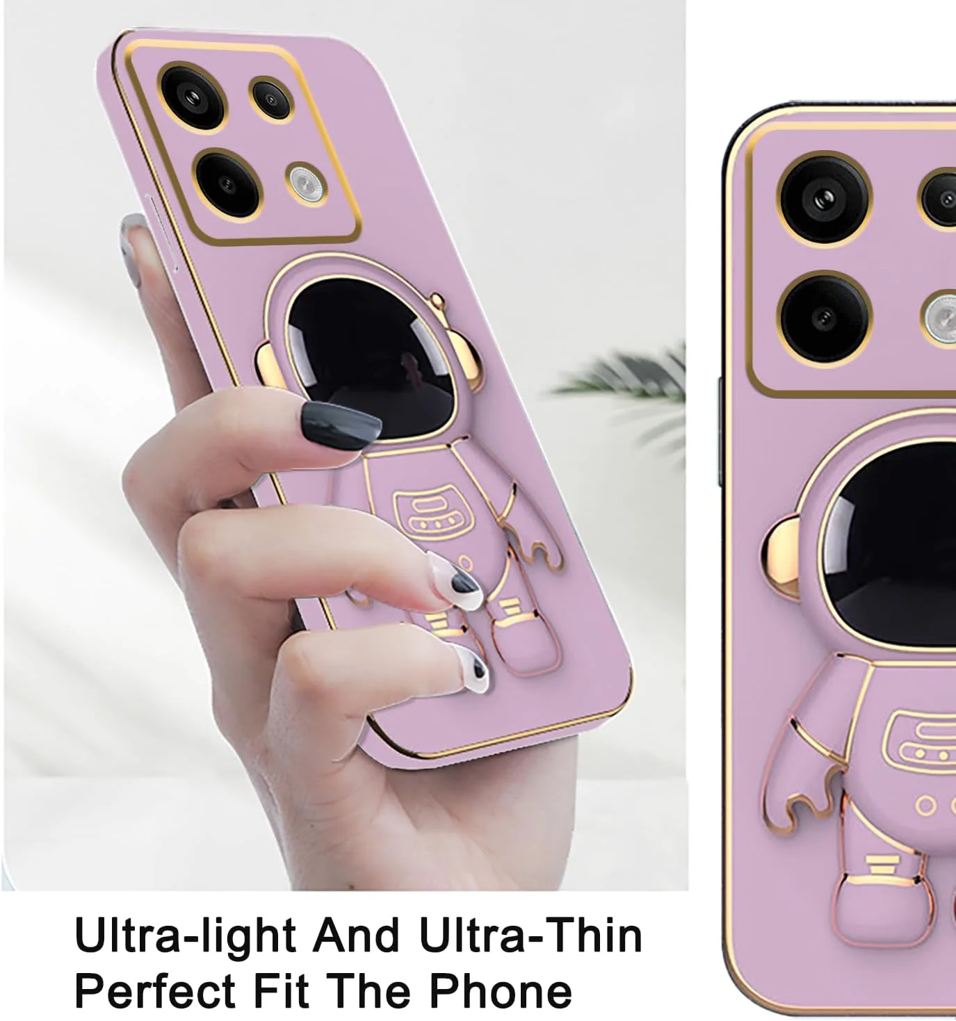 قاب محافظ گوشی شیائومی پوکو M6 پرو 4G، طرح فضانورد خلاقانه با روکش صورتی، سیلیکونی، ضد ضربه، پایه دار، TPU نرم و محافظ باریک (بنفش)