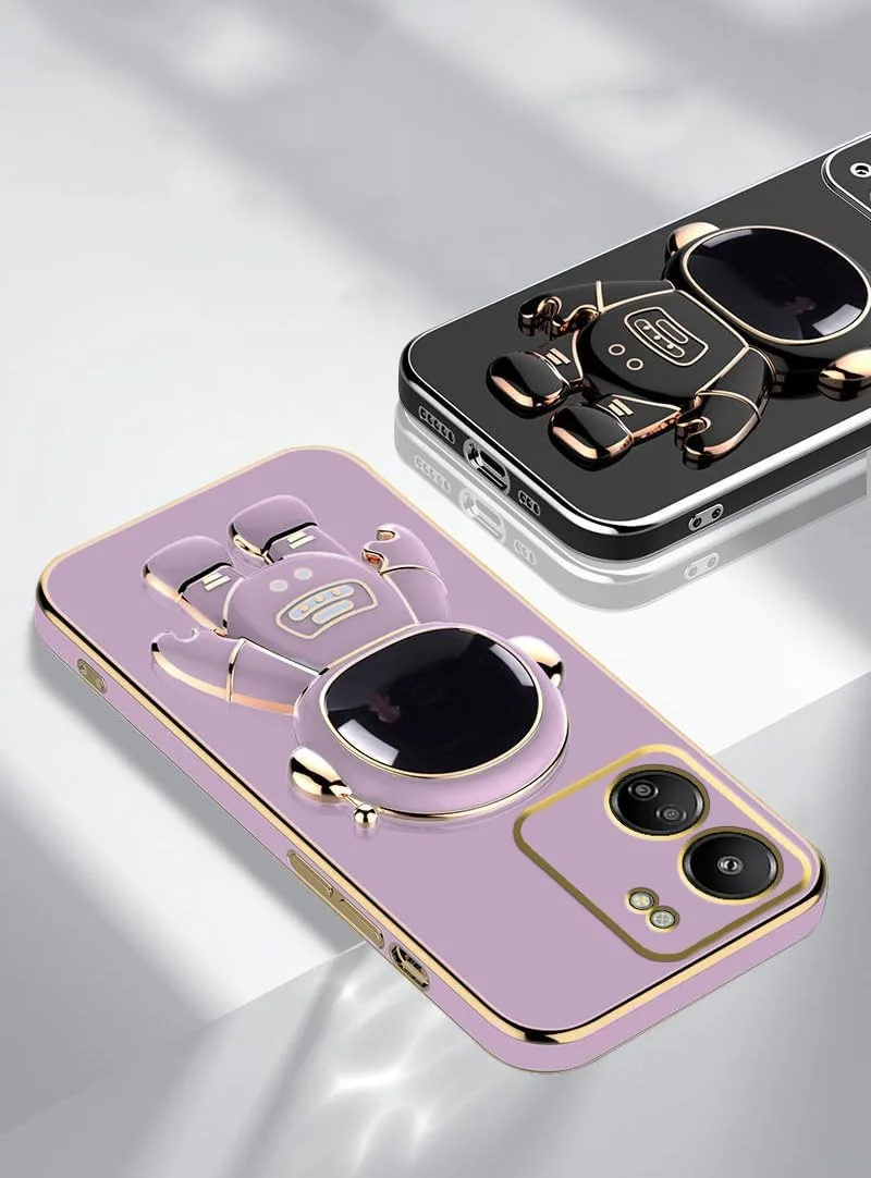 قاب محافظ گوشی شیائومی ردمی 13C 4G با طرح فضانورد خلاقانه و روکش آبکاری شده - رنگ بنفش، دارای استند نگهدارنده، ساخته شده از سیلیکون نرم و TPU ضد ضربه