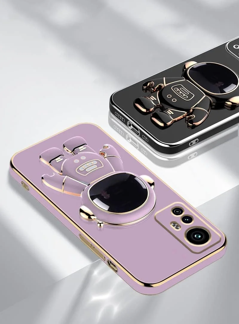 قاب محافظ گوشی شیائومی ردمی نوت 12s با طرح فضانورد خلاقانه و روکش صورتی، قاب سیلیکونی نازک و مقاوم در برابر ضربه با پایه تاشو (بنفش)