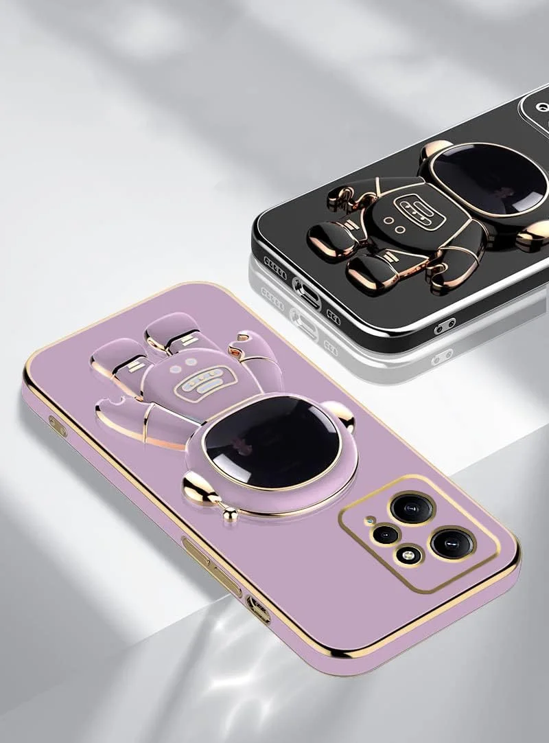 قاب محافظ گوشی ردمی نوت 12 4G، طرح فضانورد خلاقانه با روکش آبکاری، رنگ صورتی، قاب سیلیکونی ضد ضربه با پایه نگهدارنده، پوشش محافظ نازک TPU نرم (بنفش)