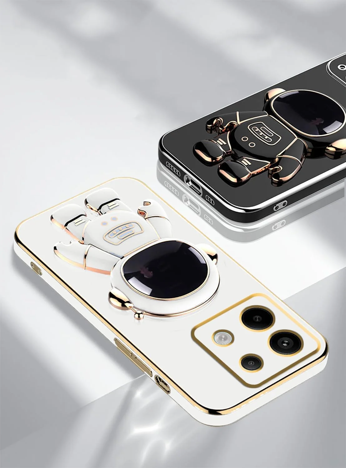 قاب محافظ گوشی شیائومی ردمی نوت ۱۳ فورجی، طرح فضانورد خلاقانه با روکش آبکاری شده، رنگ صورتی، سیلیکونی نرم، ضد ضربه، محافظ باریک (سفید)