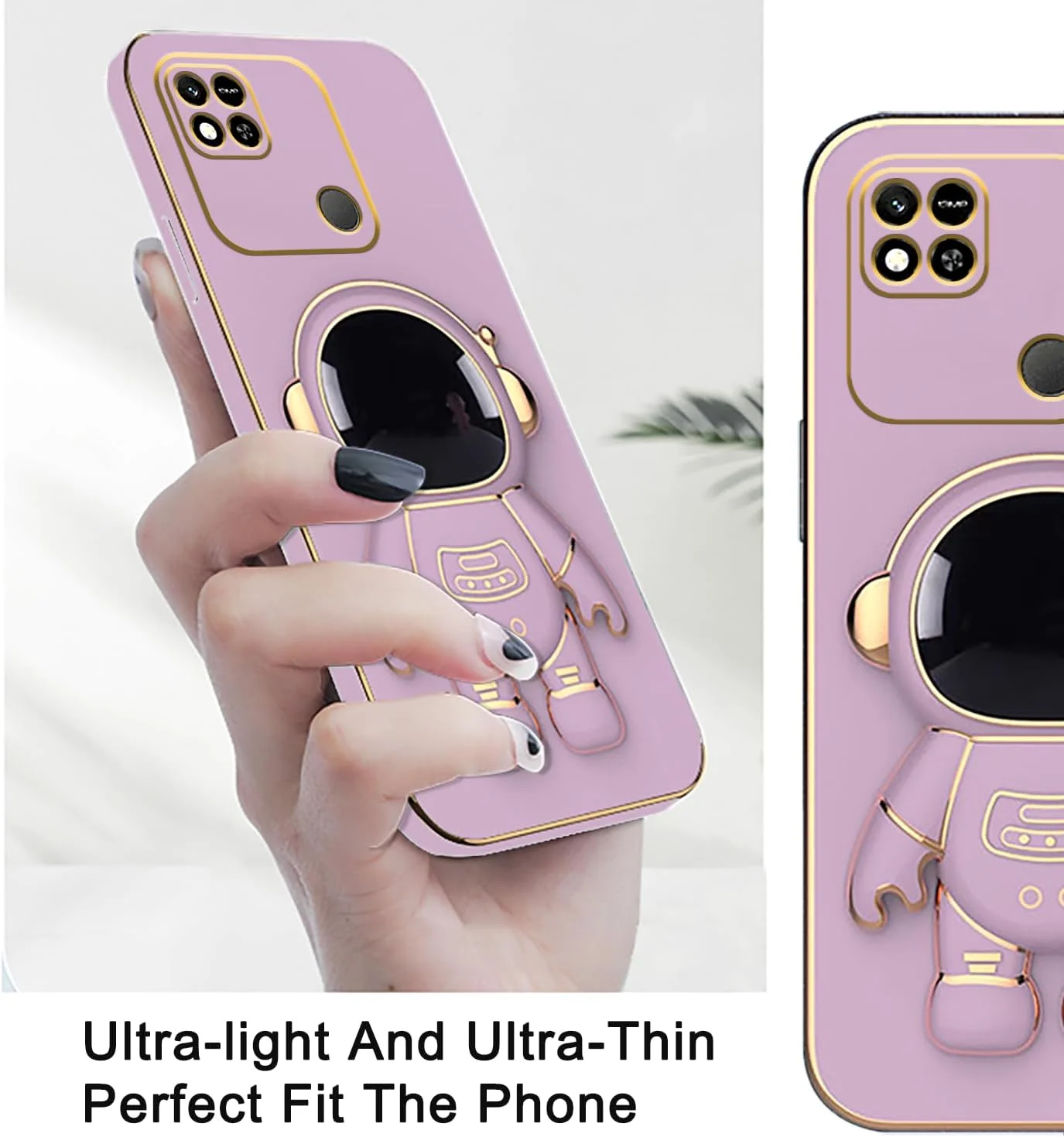 قاب محافظ گوشی شیائومی ردمی 10A با طرح فضانورد خلاقانه و روکش آبکاری شده - رنگ صورتی، قاب سیلیکونی نرم و مقاوم در برابر ضربه با پایه تاشو - پوشش محافظ باریک (بنفش)