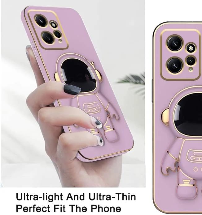 قاب محافظ گوشی ردمی نوت 12 4G، طرح فضانورد خلاقانه با روکش آبکاری، رنگ صورتی، قاب سیلیکونی ضد ضربه با پایه نگهدارنده، پوشش محافظ نازک TPU نرم (بنفش)