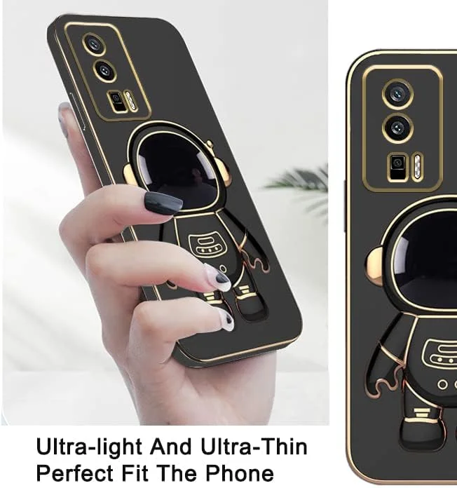 قاب محافظ گوشی شیائومی پوکو F5 پرو، طرح فضانورد خلاقانه با روکش آبکاری شده، رنگ صورتی، سیلیکونی، ضد ضربه، دارای استند و پوشش محافظ نازک TPU (مشکی)