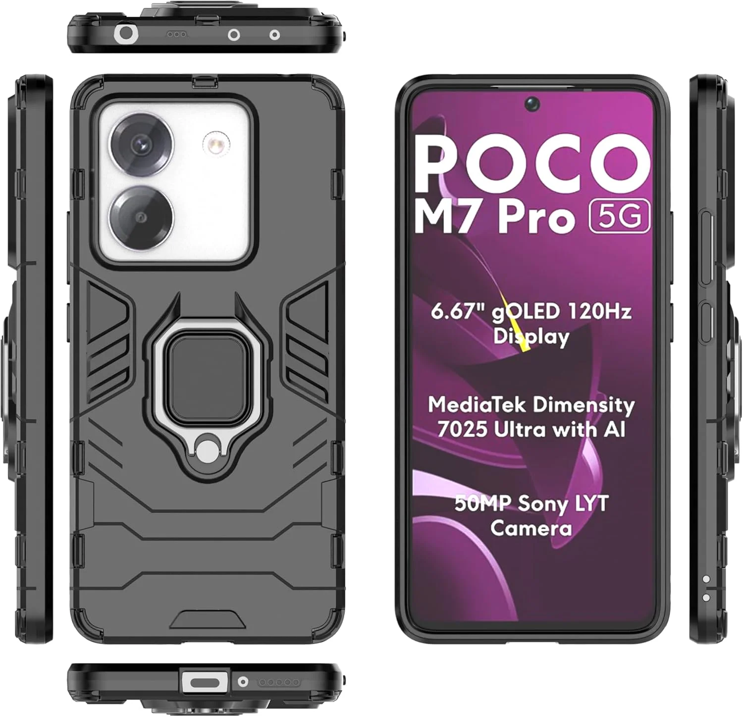 کاور محافظ گوشی شیائومی پوکو M7 Pro 5G، دارای حلقه فلزی 360 درجه، سازگار با هولدر مغناطیسی خودرو، ضد ضربه - مشکی