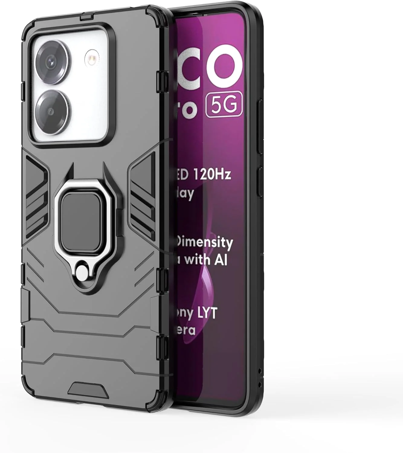 کاور محافظ گوشی شیائومی پوکو M7 Pro 5G، دارای حلقه فلزی 360 درجه، سازگار با هولدر مغناطیسی خودرو، ضد ضربه - مشکی