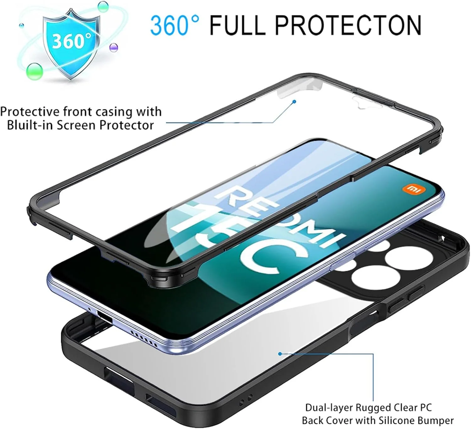 قاب محافظ شفاف CCSmall برای شیائومی ردمی 15C به همراه محافظ صفحه نمایش، محافظت کامل بدنه، بامپر TPU باریک و مقاوم، ضد زردی، پوشش نرم برای شیائومی ردمی 15C، رنگ بنفش QC