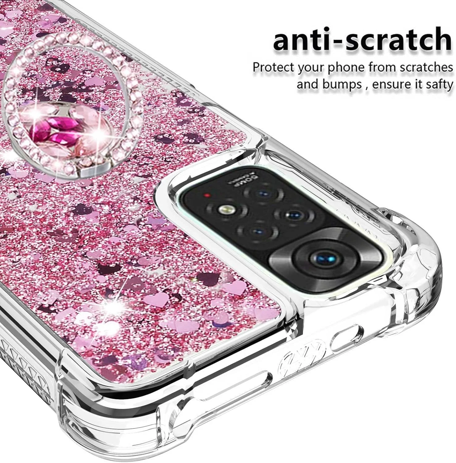 کاور اکلیلی شفاف CCSmall مناسب برای گوشی شیائومی ردمی نوت 11 4G، کاور مایع روان شن روان با پایه انگشتی الماسی، رزگلد