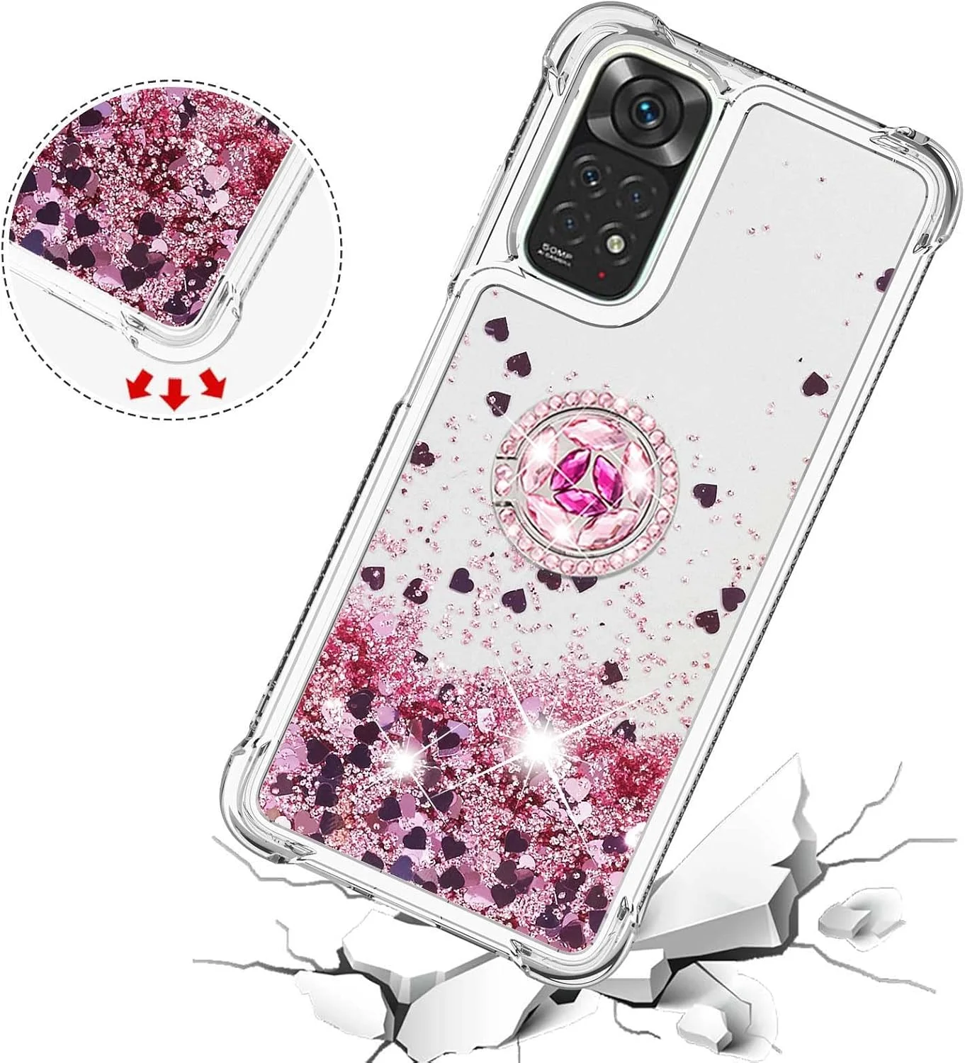 کاور اکلیلی شفاف CCSmall مناسب برای گوشی شیائومی ردمی نوت 11 4G، کاور مایع روان شن روان با پایه انگشتی الماسی، رزگلد