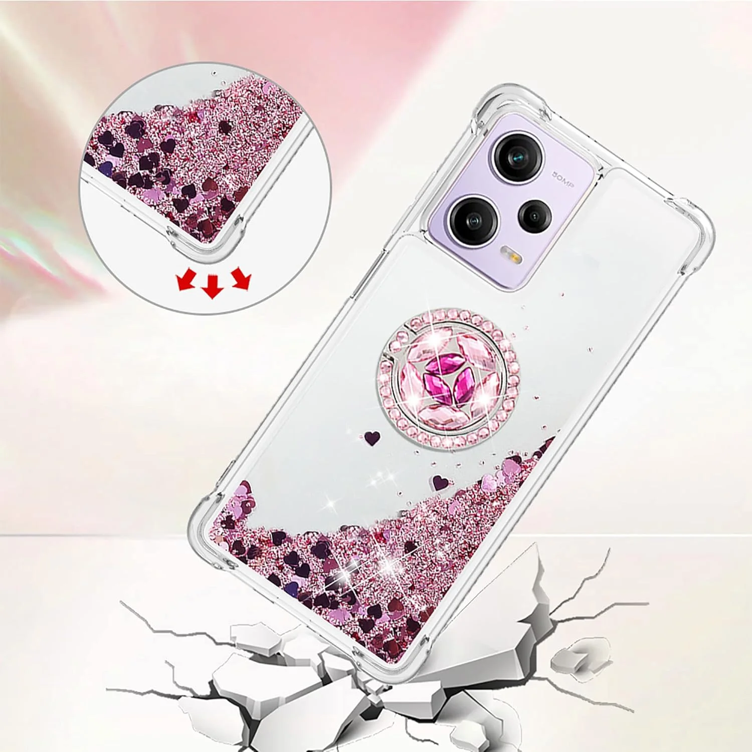 کاور اکلیلی شفاف CCSmall برای شیائومی ردمی نوت 12 پرو 5G، کاور مایع روان اکلیلی درخشان با حلقه نگهدارنده الماس، کاور مقاوم برای MI Poco X5 Pro/Redmi Note 12 Pro LSZ رزگلد