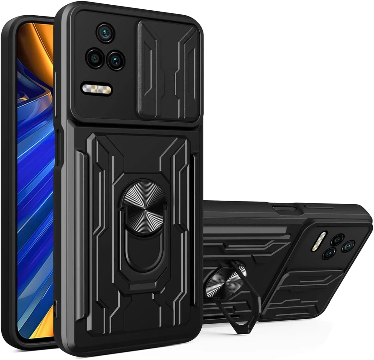 کاور محافظ کشویی کارت دار CCSmall برای گوشی شیائومی پوکو F4، کاور ردمی K40S با محافظ لنز کشویی دوربین و استند مغناطیسی داخلی، مشکی