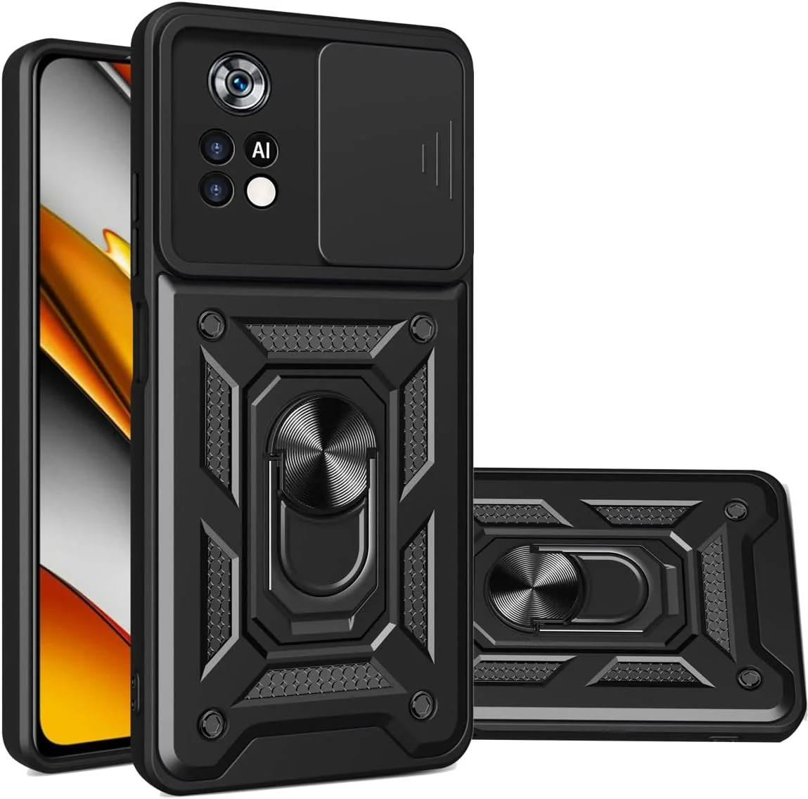 قاب محافظ محکم CCSmall برای گوشی شیائومی پوکو M4 پرو 4G (نه 5G) با محافظ لنز کشویی، محافظت سنگین نظامی و استند انگشتی چرخان 360 درجه، رنگ مشکی