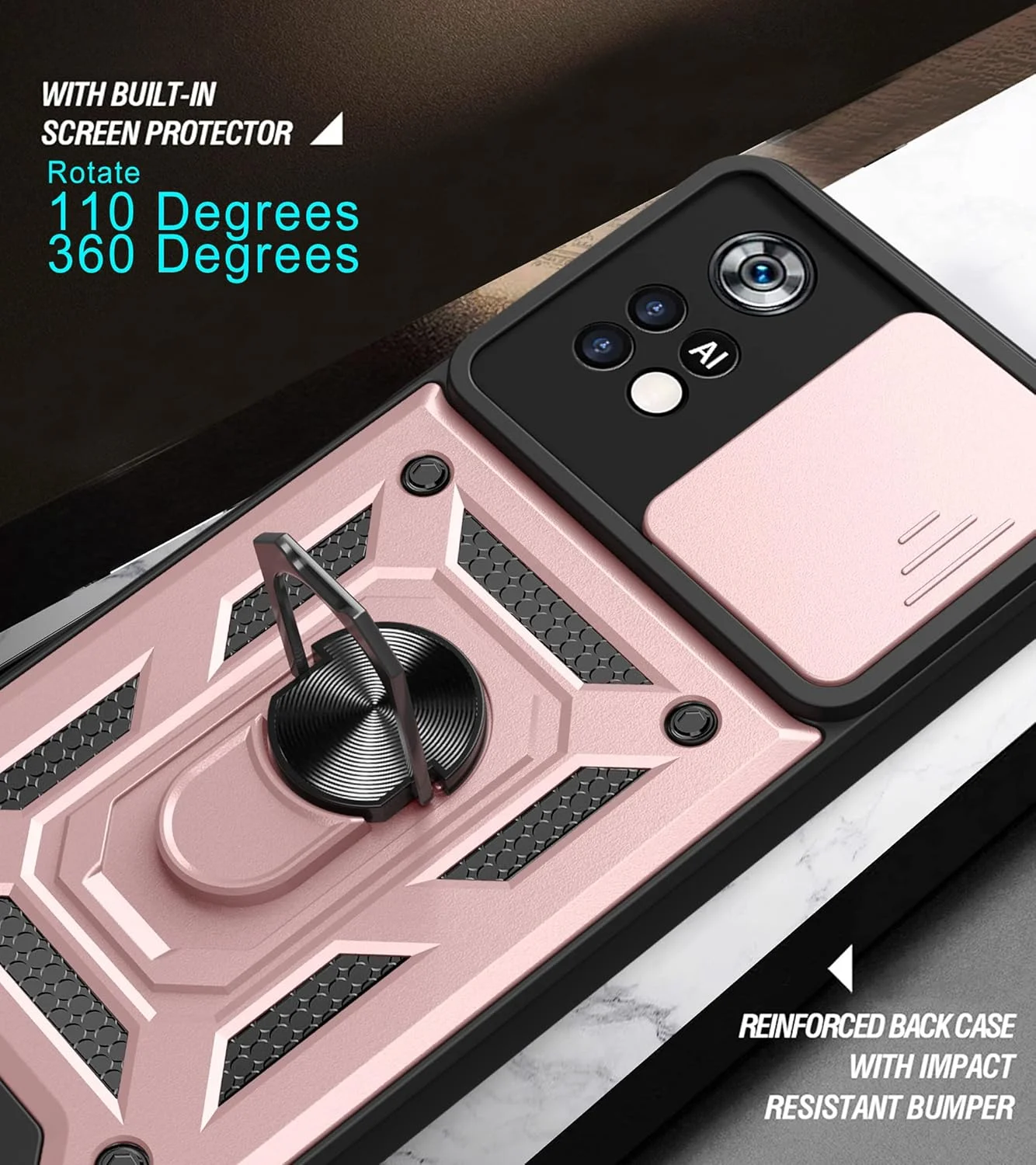 قاب محافظ محکم CCSmall برای گوشی شیائومی پوکو M4 پرو 4G (نه 5G) با محافظ لنز کشویی، محافظت سنگین نظامی و استند انگشتی چرخان 360 درجه، رنگ مشکی