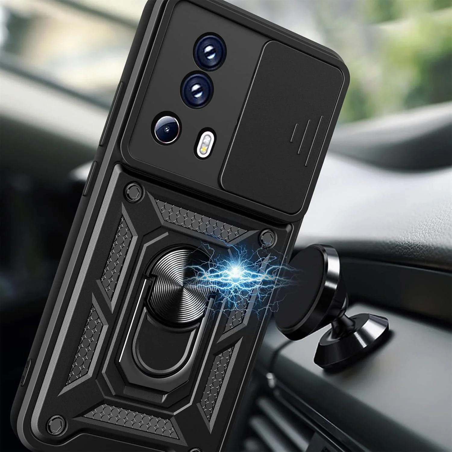 قاب محافظ کشویی دوربین CCSmall برای گوشی شیائومی 13 لایت، قاب محافظ گوشی مقاوم در برابر سقوط با پایه انگشتی برای شیائومی 13 لایت/Civi 2، رنگ مشکی SJ