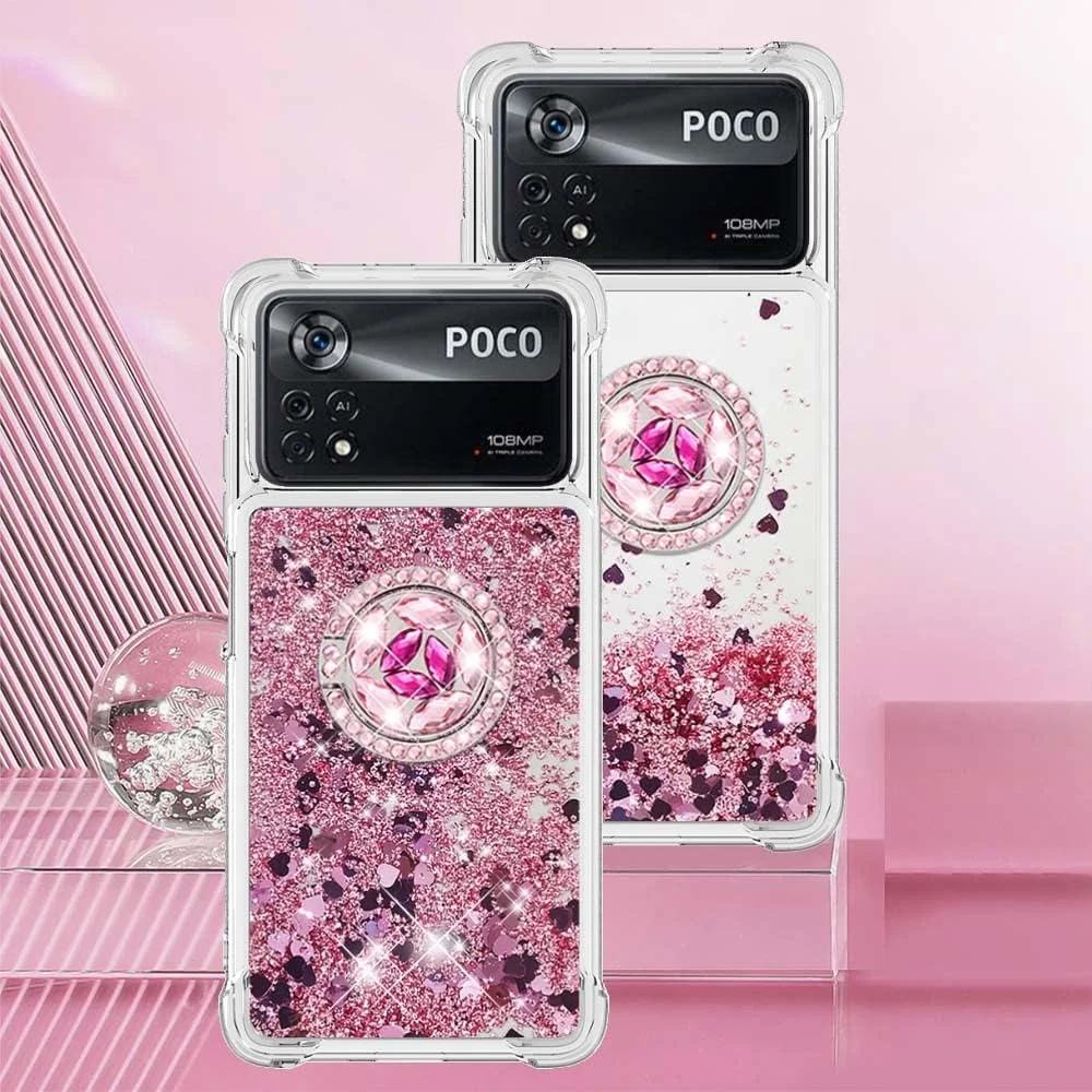 کاور محافظ براق CCSmall مناسب برای گوشی شیائومی پوکو X4 Pro 5G، کاور نرم TPU مایع شناور درخشان، فانتزی دخترانه، شفاف به همراه حلقه نگهدارنده انگشتی، رنگ رزگلد
