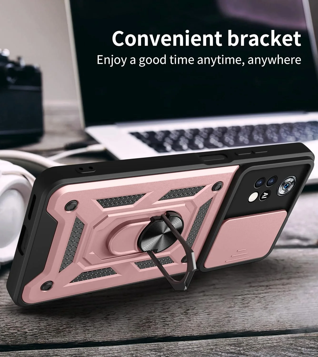 قاب محافظ محکم CCSmall برای گوشی شیائومی پوکو M4 پرو 4G (نه 5G) با محافظ لنز کشویی، محافظت سنگین نظامی و استند انگشتی چرخان 360 درجه، رنگ مشکی