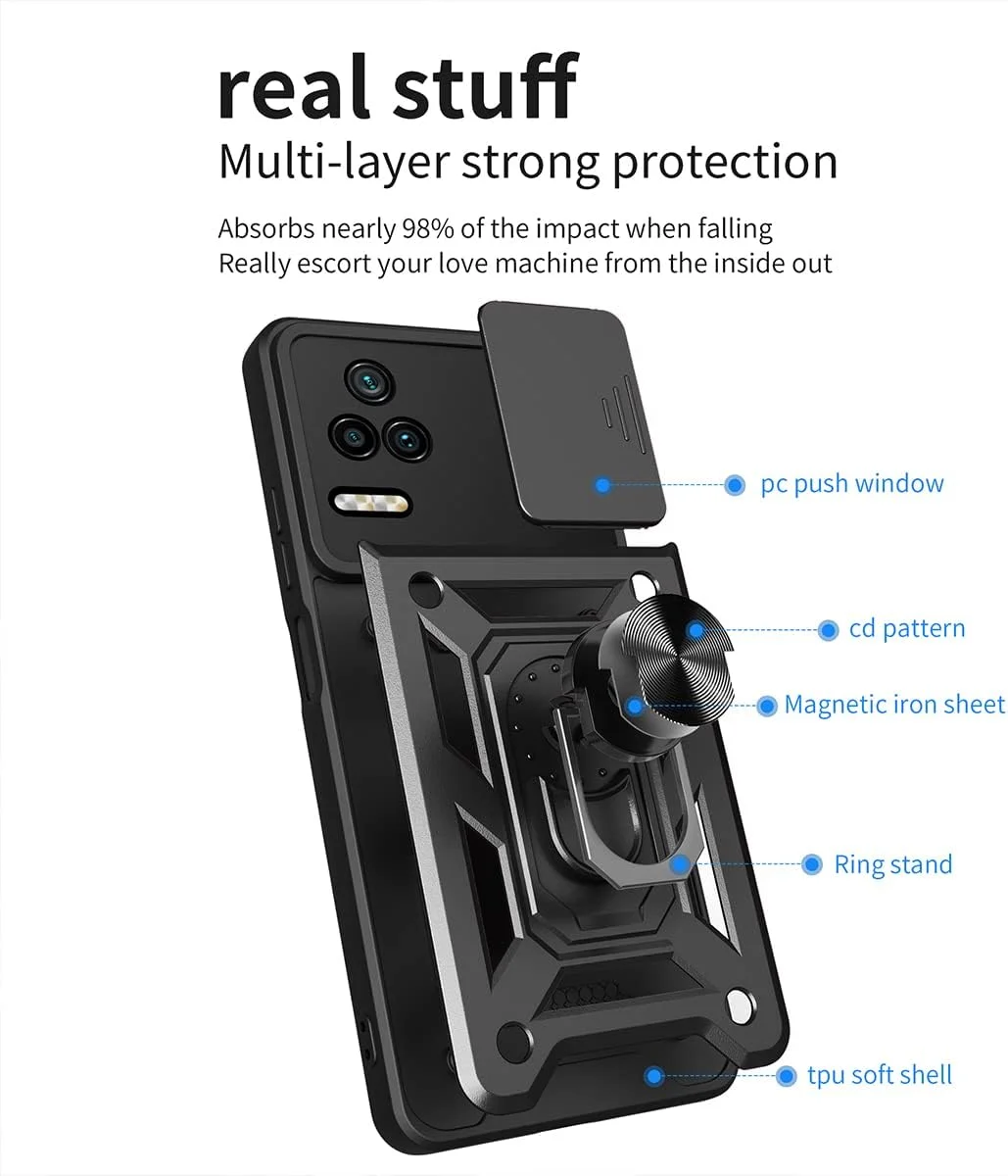 قاب محافظ مقاوم CCSmall برای گوشی شیائومی پوکو F4 5G با پوشش کشویی دوربین، کاور محافظ سنگین با پایه انگشتی برای شیائومی پوکو F4 SJ طلایی