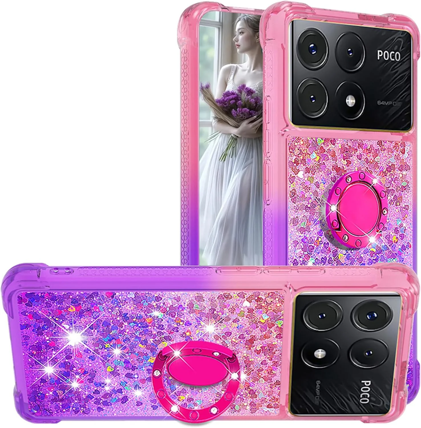 کاور محافظ شفاف براق CCSmall مناسب برای گوشی شیائومی پوکو X6 پرو 5G، طرح اکلیلی مایع، زیبا و دارای پایه نگهدارنده، پوشش شن روان گرادیانی، رنگ صورتی بنفش