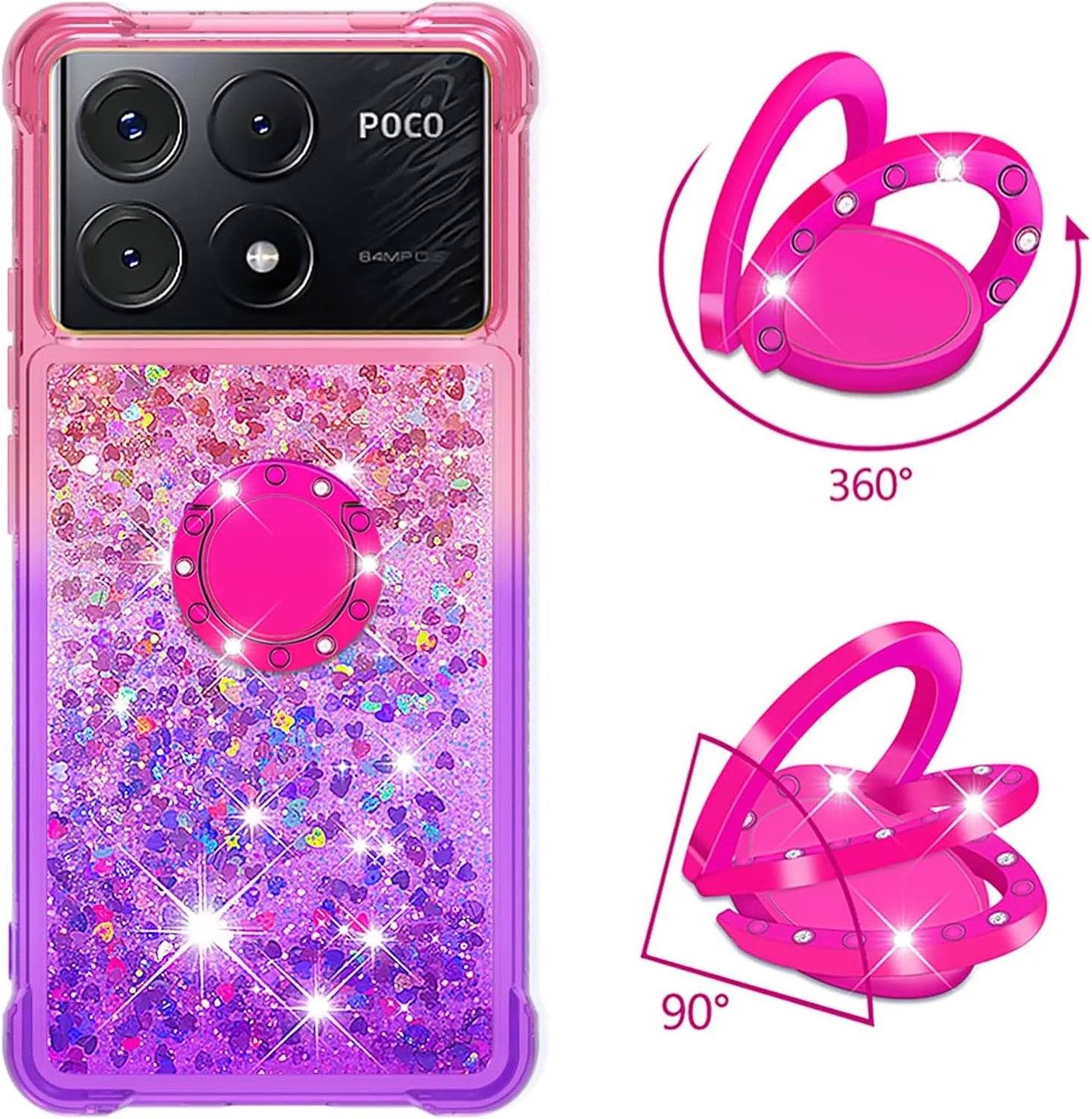 کاور محافظ شفاف براق CCSmall مناسب برای گوشی شیائومی پوکو X6 پرو 5G، طرح اکلیلی مایع، زیبا و دارای پایه نگهدارنده، پوشش شن روان گرادیانی، رنگ صورتی بنفش