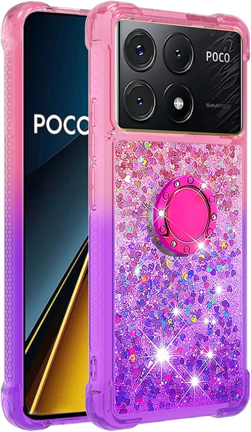 کاور محافظ شفاف براق CCSmall مناسب برای گوشی شیائومی پوکو X6 پرو 5G، طرح اکلیلی مایع، زیبا و دارای پایه نگهدارنده، پوشش شن روان گرادیانی، رنگ صورتی بنفش