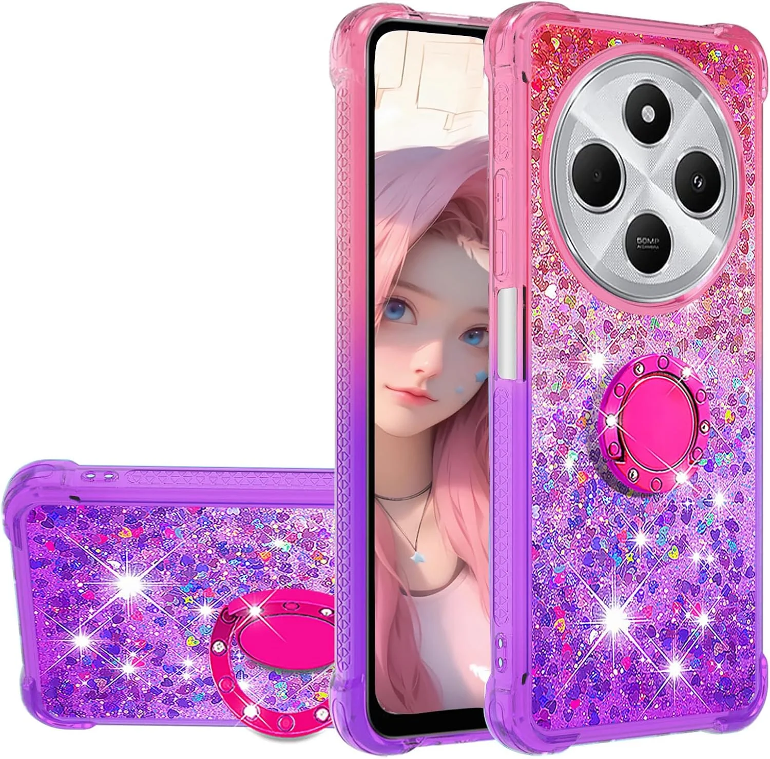 کاور شفاف مایع اکلیلی گرادیانی با پایه انگشتی چرخان 360 درجه CCSmall مناسب گوشی شیائومی Redmi 14C - صورتی یاسی