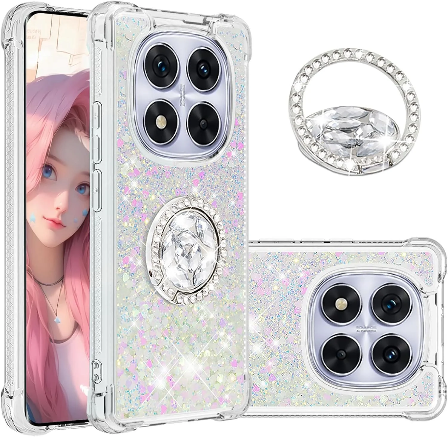 کاور محافظ شفاف اکلیلی CCSmall برای گوشی شیائومی Redmi Note 14 Pro Plus 5G، کاور مایع روان براق و فانتزی به همراه پایه برای گوشی Redmi Note 14 Pro 5G / Pro+ 5G طرح LSZ رنگارنگ