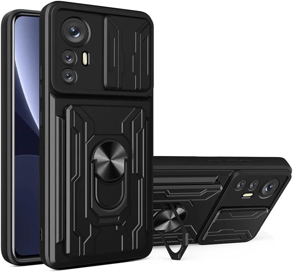 قاب محافظ مقاوم CCSmall برای گوشی شیائومی 12 پرو (نه 12)، دارای حلقه مغناطیسی، پایه و محافظ کشویی دوربین به همراه جای کارت، رنگ مشکی