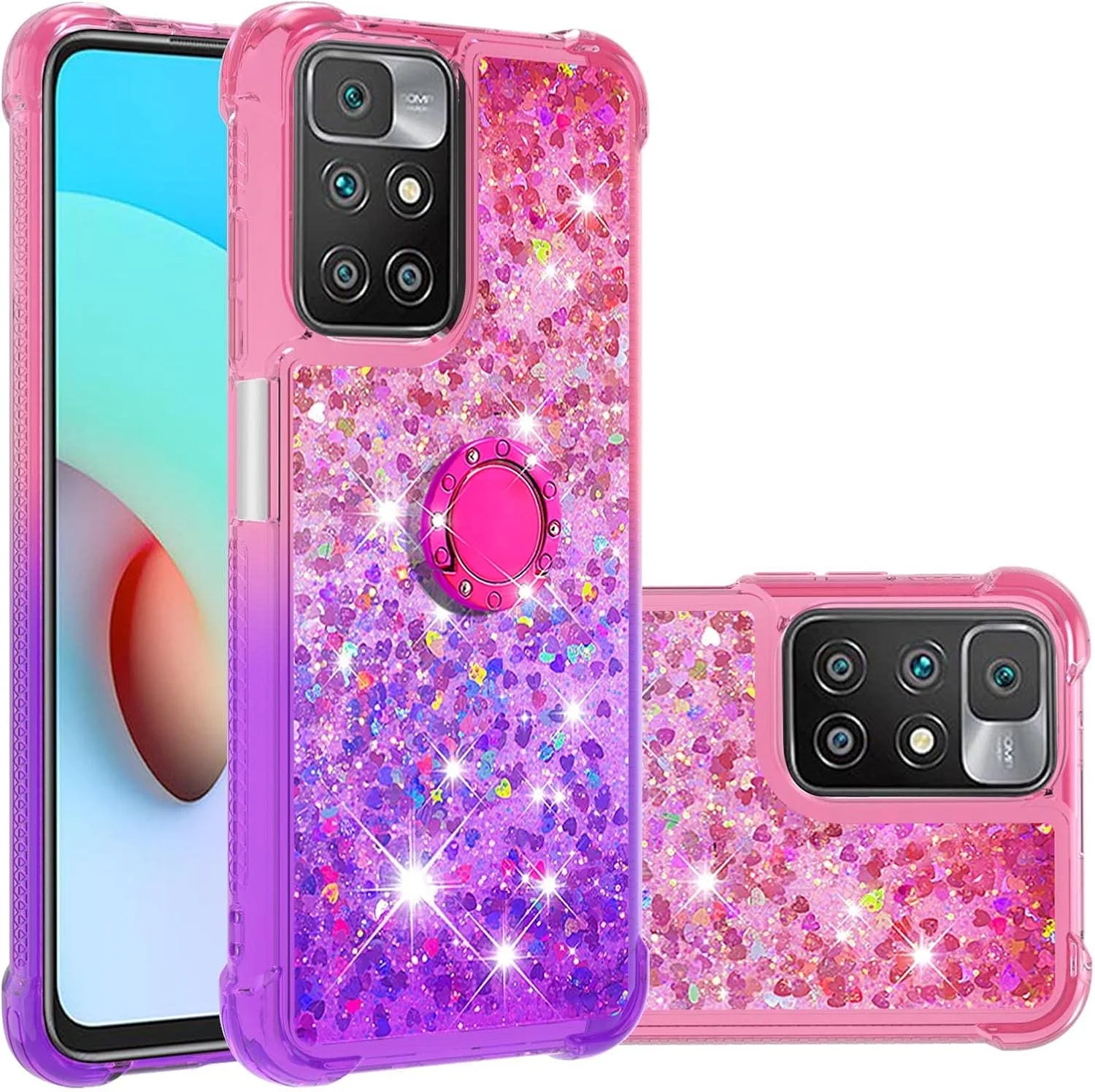 قاب محافظ گوشی شیائومی ردمی 10 با حلقه مغناطیسی، طرح شن روان اکلیلی شناور مایع، دخترانه و بامزه، کاور شفاف TPU برای شیائومی ردمی 10، رنگ صورتی بنفش