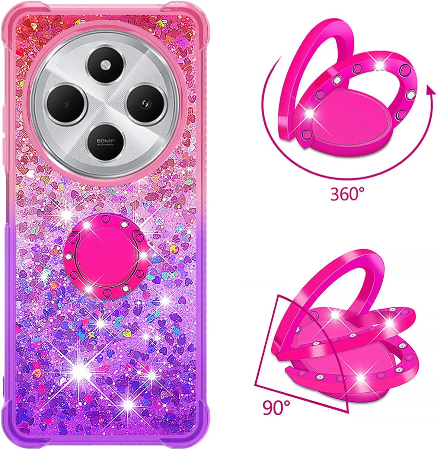 کاور شفاف مایع اکلیلی گرادیانی با پایه انگشتی چرخان 360 درجه CCSmall مناسب گوشی شیائومی Redmi 14C - صورتی یاسی